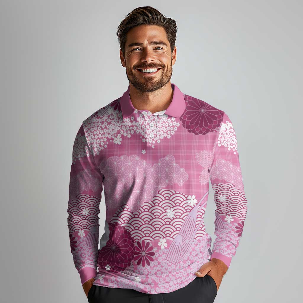 Pink Palaka Japanese Patterns Long Sleeve Polo Shirt Asanoha Seigaiha Sakura Motif LT14 - Polynesian Pride