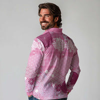 Pink Palaka Japanese Patterns Long Sleeve Polo Shirt Asanoha Seigaiha Sakura Motif LT14 - Polynesian Pride