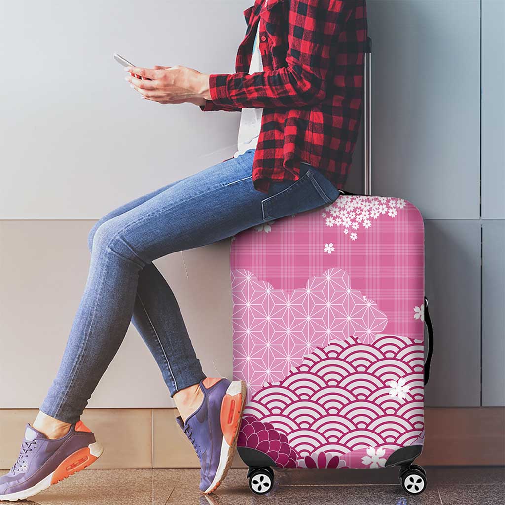 Pink Palaka Japanese Patterns Luggage Cover Asanoha Seigaiha Sakura Motif - Polynesian Pride