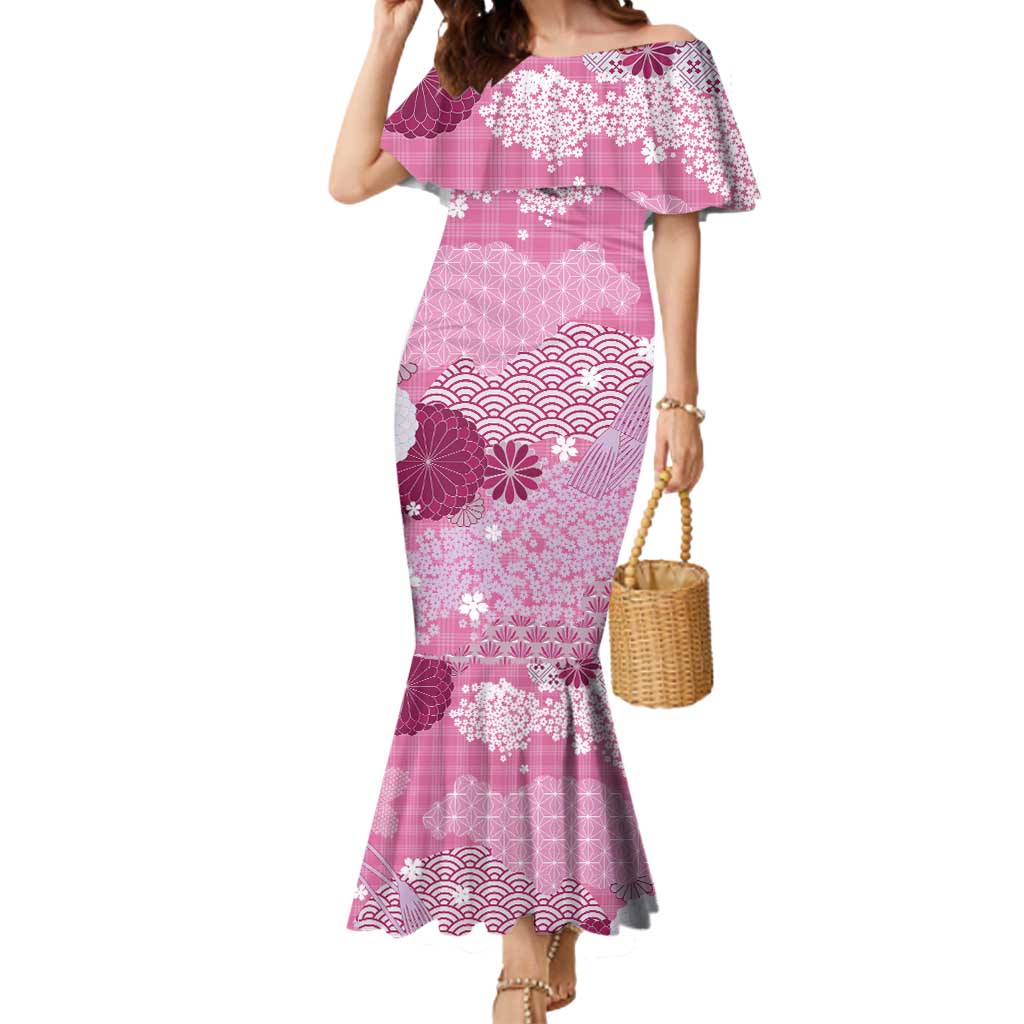 Pink Palaka Japanese Patterns Mermaid Dress Asanoha Seigaiha Sakura Motif - Polynesian Pride