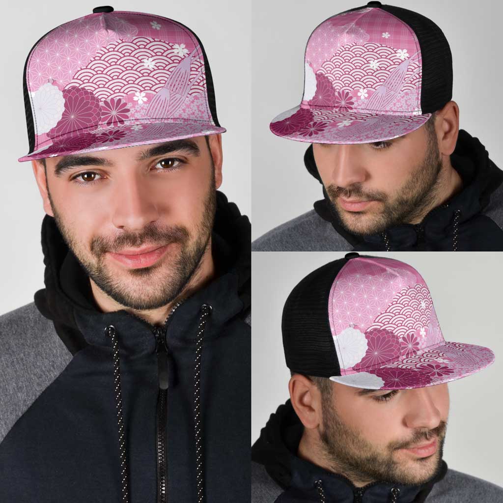 Pink Japanese Traditional Motifs Mesh Trucker Cap Palaka With Asanoha Seigaiha Sakura - Polynesian Pride