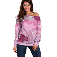 Pink Palaka Japanese Patterns Off Shoulder Sweater Asanoha Seigaiha Sakura Motif - Polynesian Pride