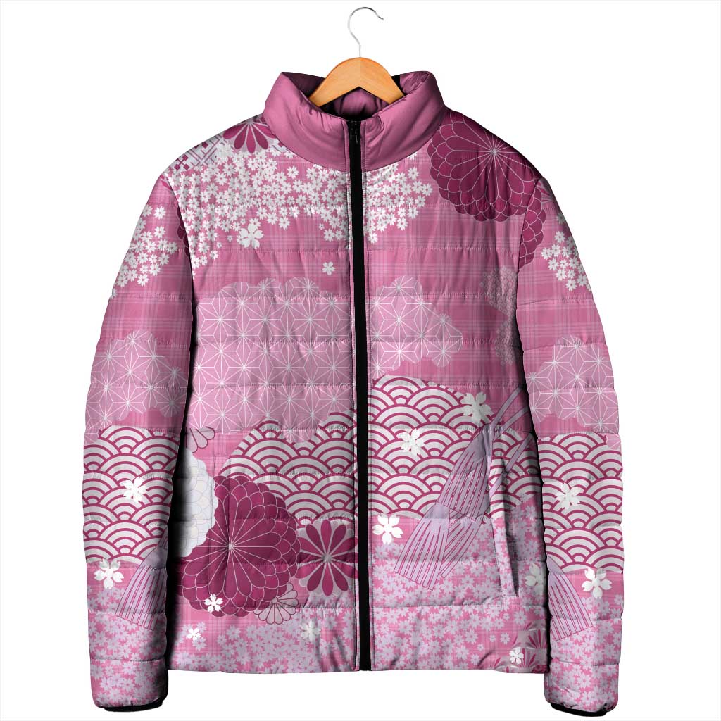 Pink Palaka Japanese Patterns Padded Jacket Asanoha Seigaiha Sakura Motif LT14 - Polynesian Pride