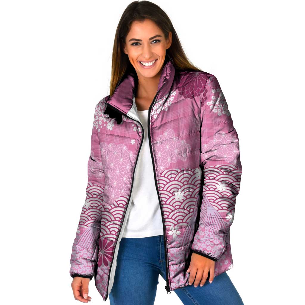 Pink Palaka Japanese Patterns Padded Jacket Asanoha Seigaiha Sakura Motif LT14 Women Pink - Polynesian Pride