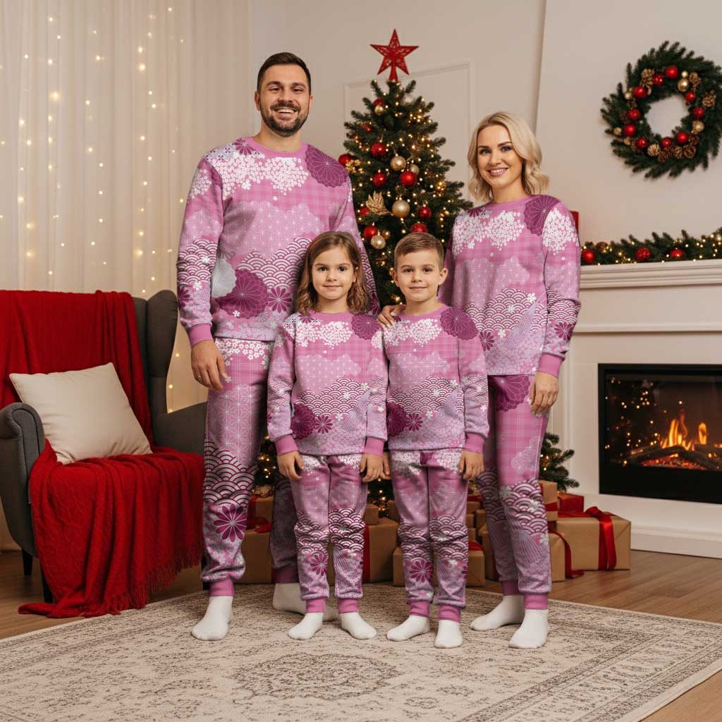 Pink Palaka Japanese Patterns Christmas Pajama Set Asanoha Seigaiha Sakura Motif - Polynesian Pride