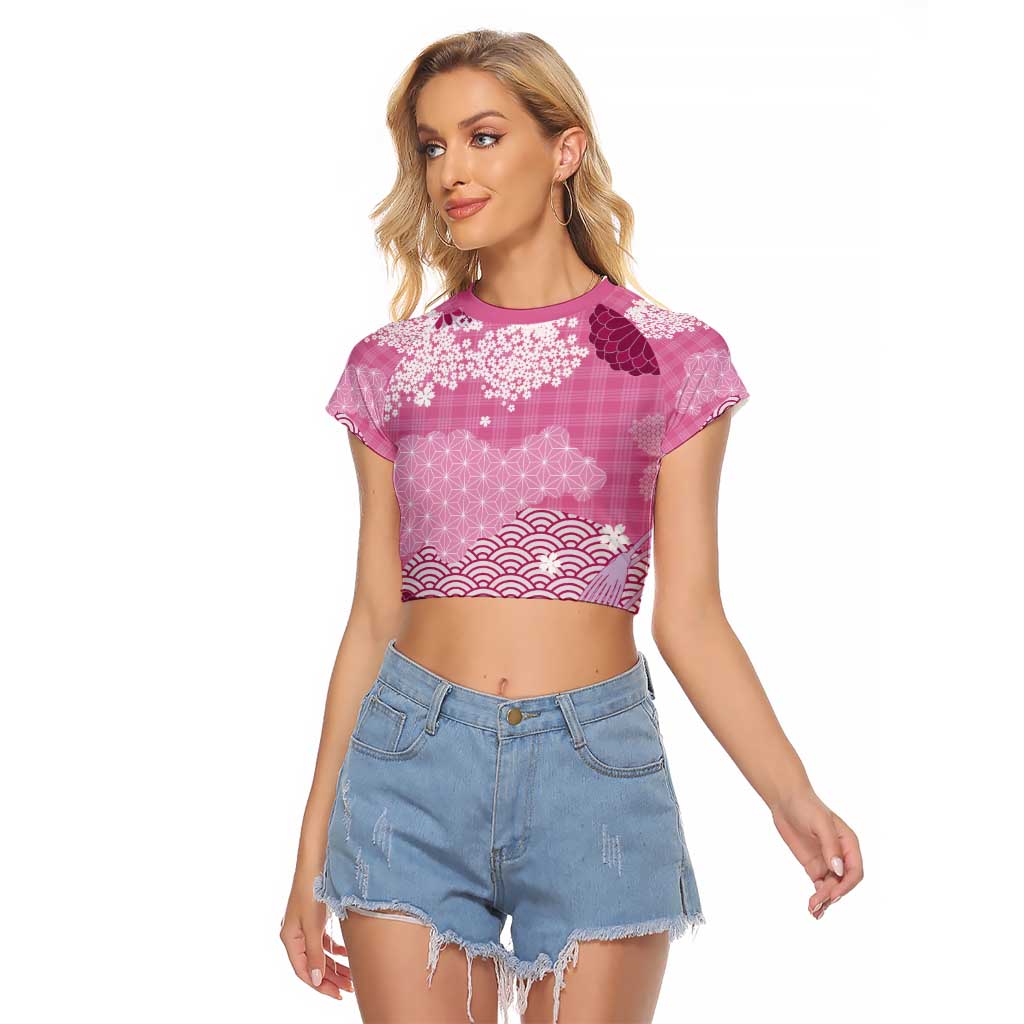 Pink Palaka Japanese Patterns Raglan Cropped T Shirt Asanoha Seigaiha Sakura Motif - Polynesian Pride