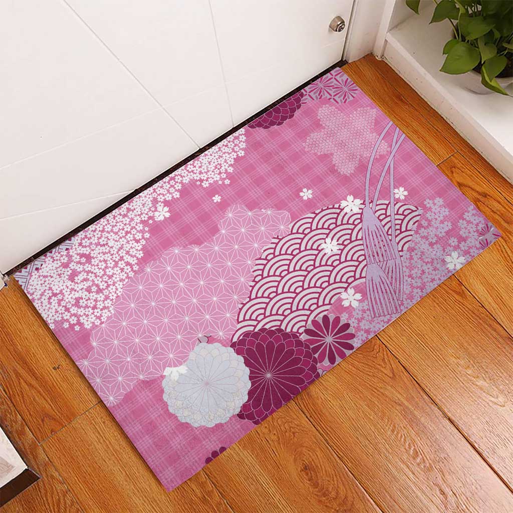 Pink Palaka Japanese Patterns Rubber Doormat Asanoha Seigaiha Sakura Motif LT14 - Polynesian Pride