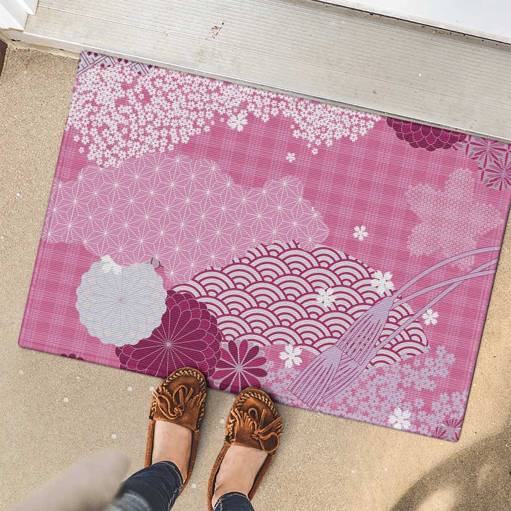 Pink Palaka Japanese Patterns Rubber Doormat Asanoha Seigaiha Sakura Motif LT14 - Polynesian Pride