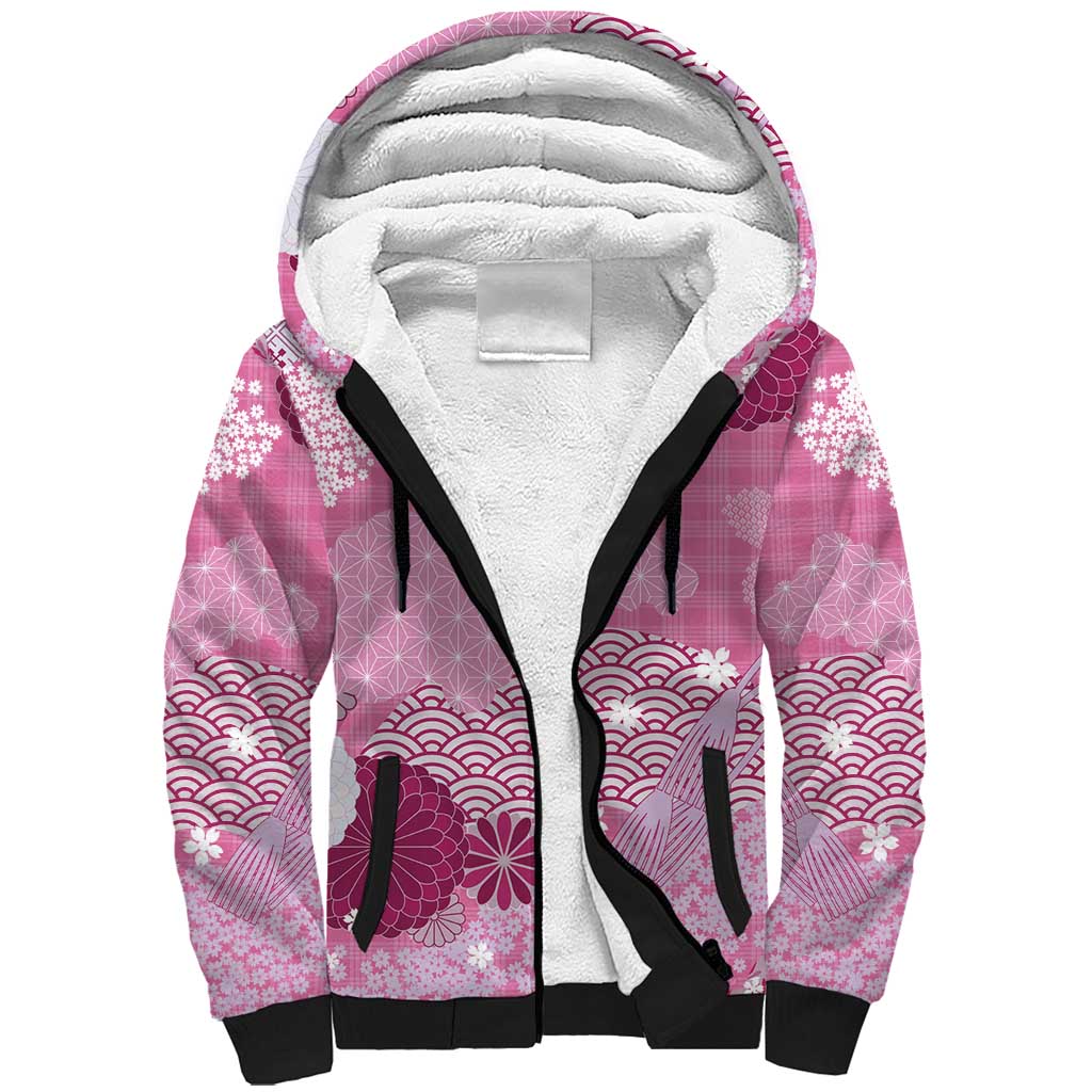 Pink Palaka Japanese Patterns Sherpa Hoodie Asanoha Seigaiha Sakura Motif LT14 Unisex Pink - Polynesian Pride