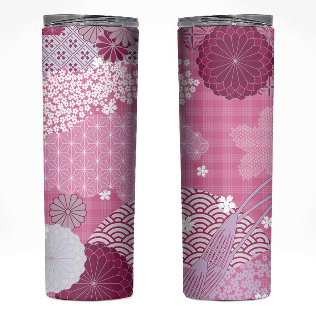 Pink Palaka Japanese Patterns Skinny Tumbler Asanoha Seigaiha Sakura Motif - Polynesian Pride