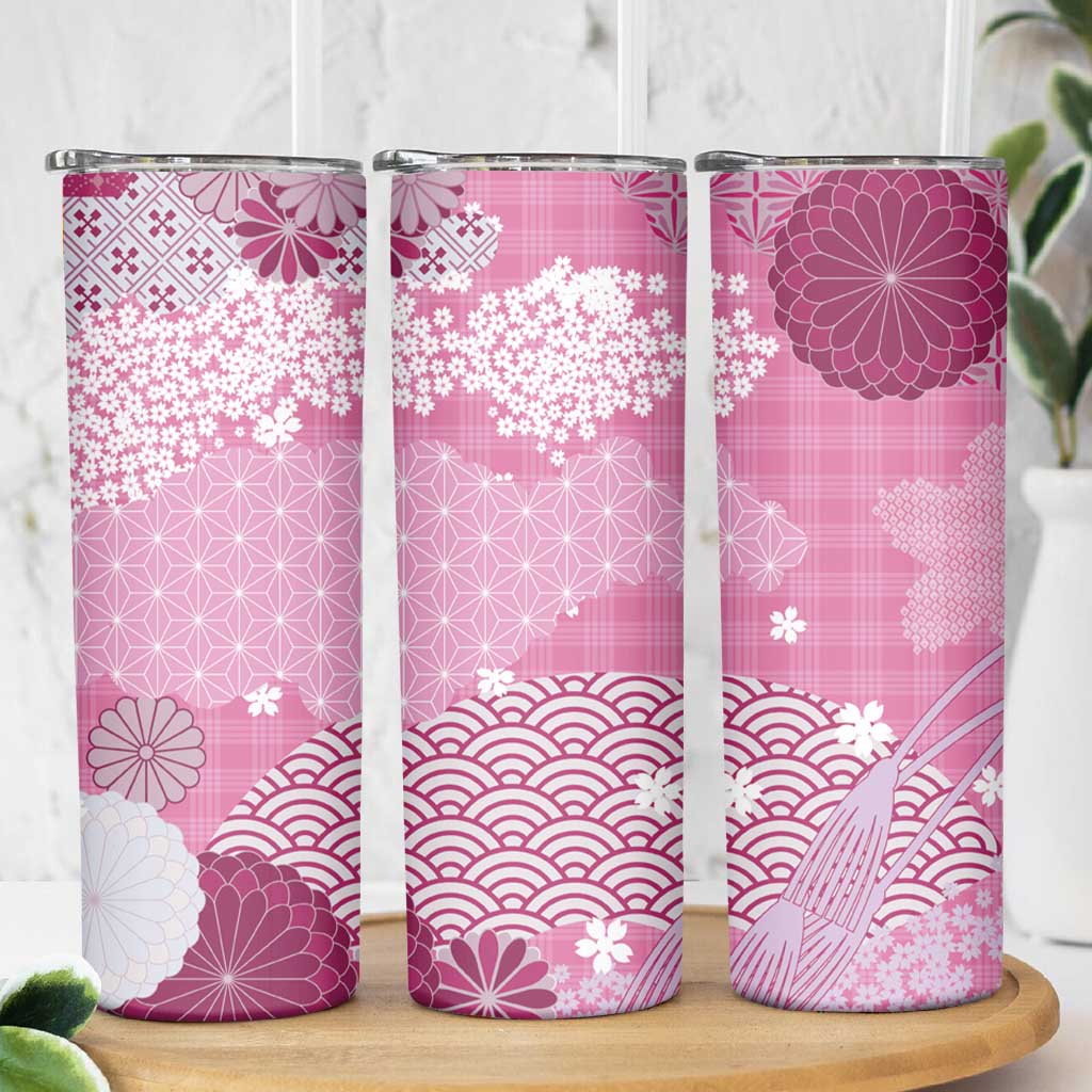 Pink Palaka Japanese Patterns Skinny Tumbler Asanoha Seigaiha Sakura Motif - Polynesian Pride