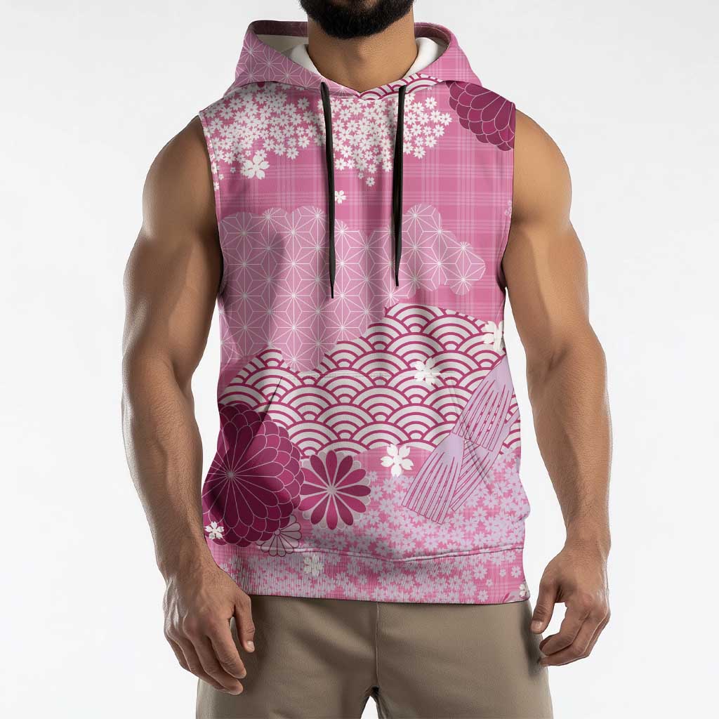 Pink Palaka Japanese Patterns Sleeveless Hoodie Asanoha Seigaiha Sakura Motif LT14 - Polynesian Pride