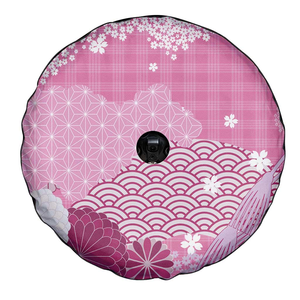 Pink Palaka Japanese Patterns Spare Tire Cover Asanoha Seigaiha Sakura Motif - Polynesian Pride