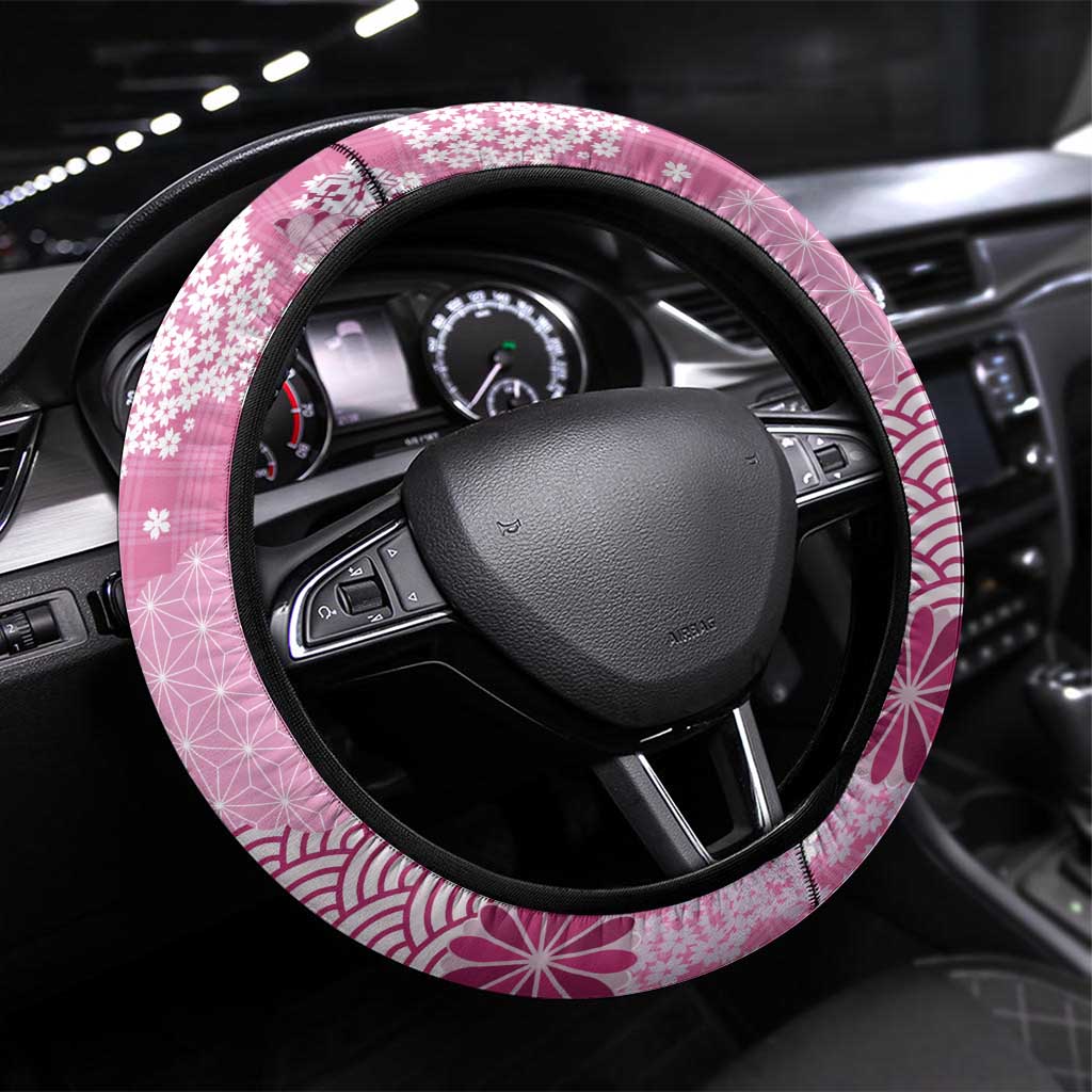 Pink Palaka Japanese Patterns Steering Wheel Cover Asanoha Seigaiha Sakura Motif LT14 Universal Fit Pink - Polynesian Pride