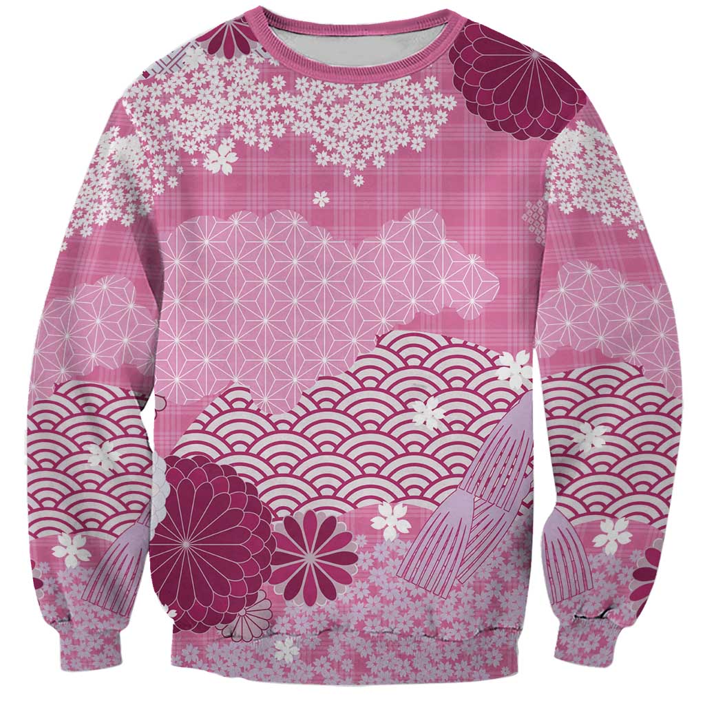 Pink Palaka Japanese Patterns Sweatshirt Asanoha Seigaiha Sakura Motif LT14 Unisex Pink - Polynesian Pride