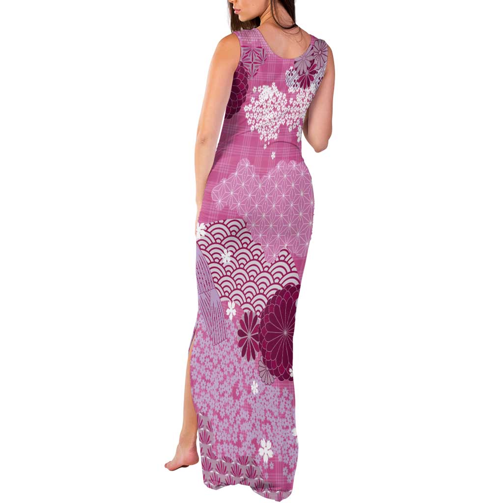 Pink Palaka Japanese Patterns Tank Maxi Dress Asanoha Seigaiha Sakura Motif - Polynesian Pride