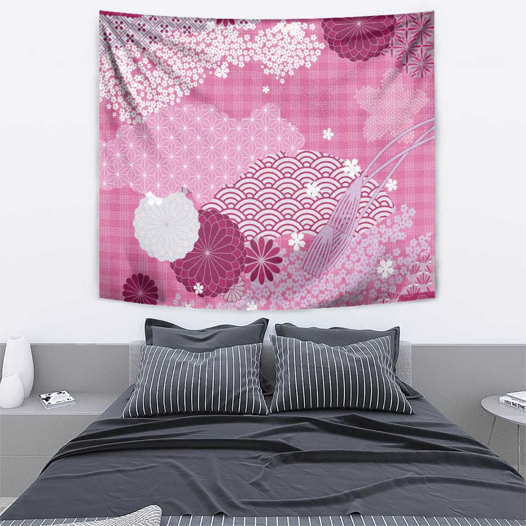 Pink Palaka Japanese Patterns Tapestry Asanoha Seigaiha Sakura Motif - Polynesian Pride