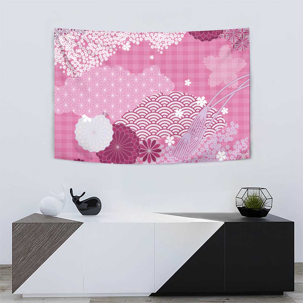 Pink Palaka Japanese Patterns Tapestry Asanoha Seigaiha Sakura Motif - Polynesian Pride