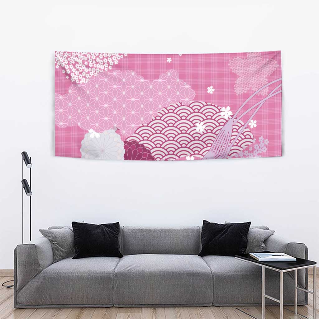 Pink Palaka Japanese Patterns Tapestry Asanoha Seigaiha Sakura Motif - Polynesian Pride