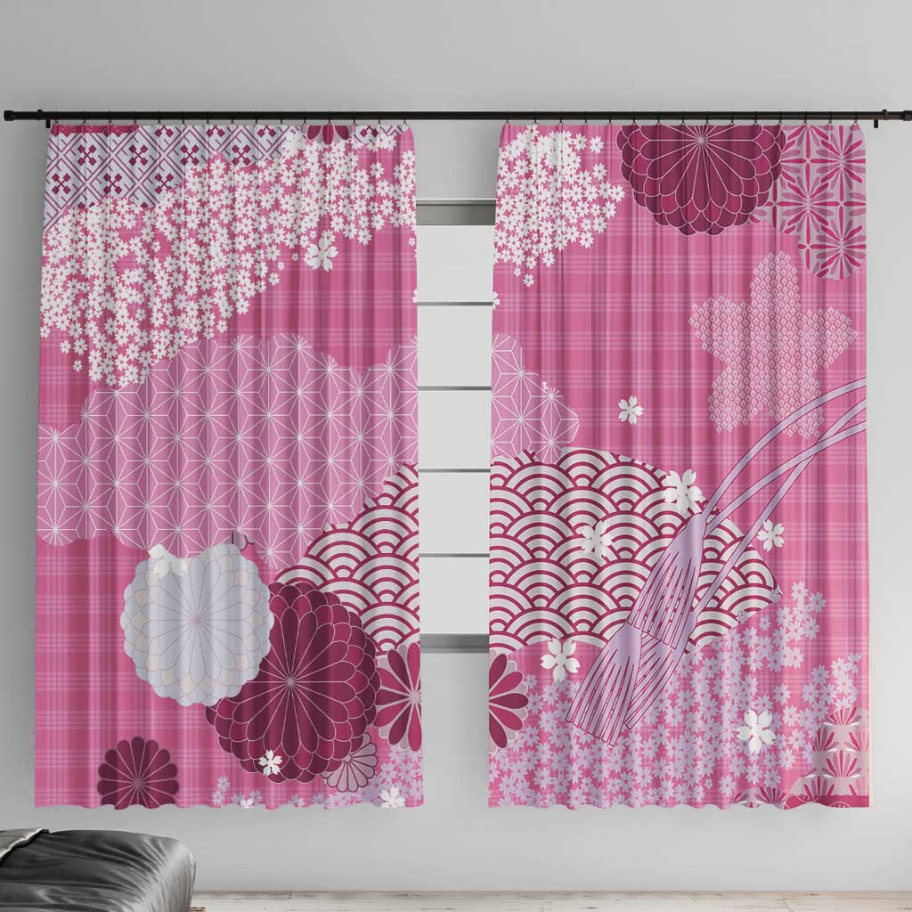 Pink Palaka Japanese Patterns Window Curtain Asanoha Seigaiha Sakura Motif - Polynesian Pride