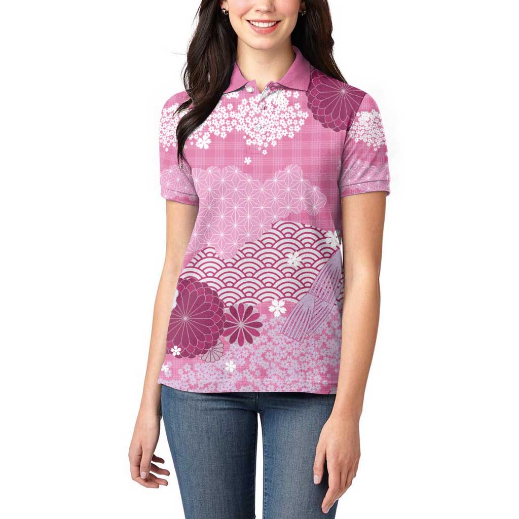 Pink Palaka Japanese Patterns Women Polo Shirt Asanoha Seigaiha Sakura Motif - Polynesian Pride