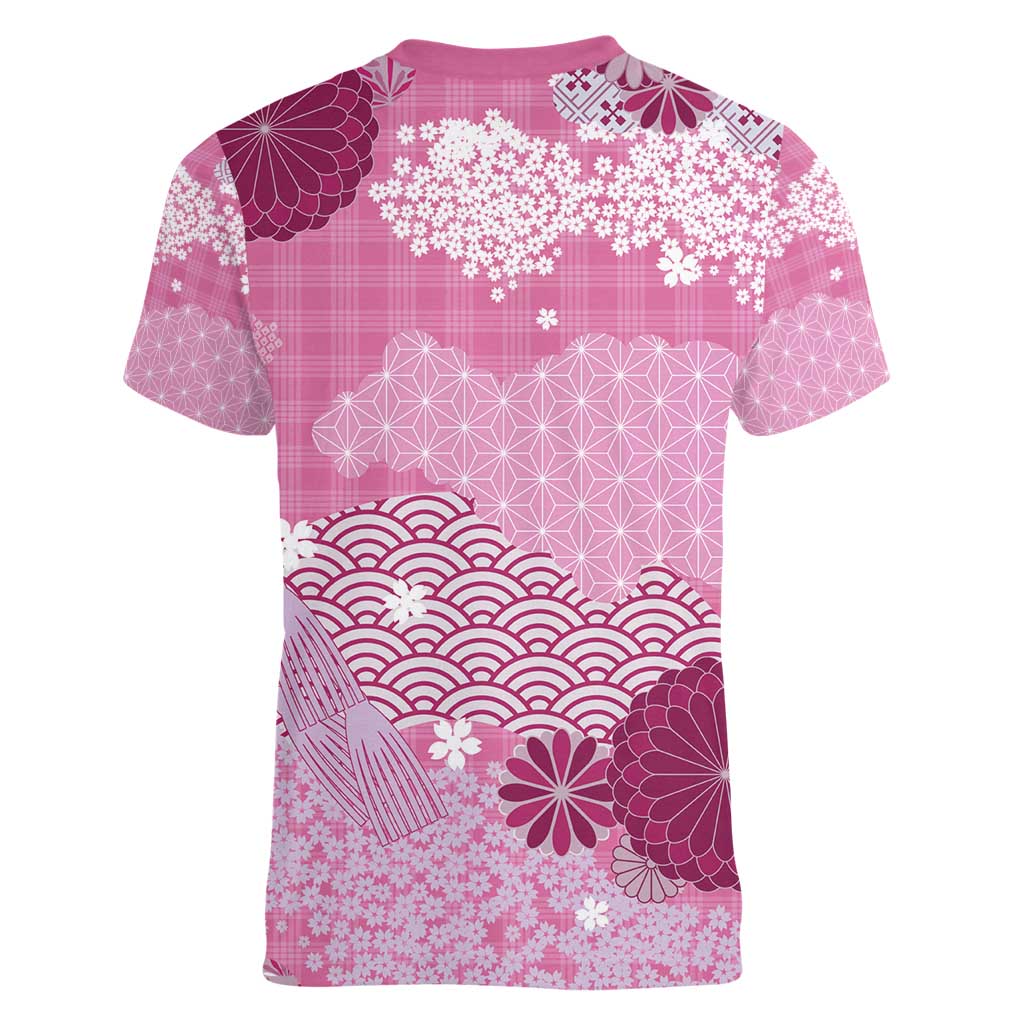 Pink Palaka Japanese Patterns Women V-Neck T-Shirt Asanoha Seigaiha Sakura Motif - Polynesian Pride
