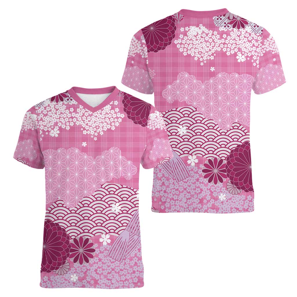 Pink Palaka Japanese Patterns Women V-Neck T-Shirt Asanoha Seigaiha Sakura Motif - Polynesian Pride