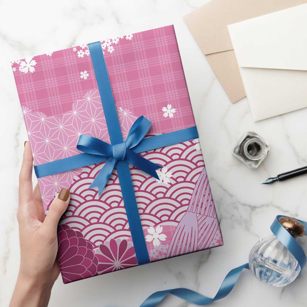 Pink Palaka Japanese Patterns Wrapping Paper Asanoha Seigaiha Sakura Motif - Polynesian Pride