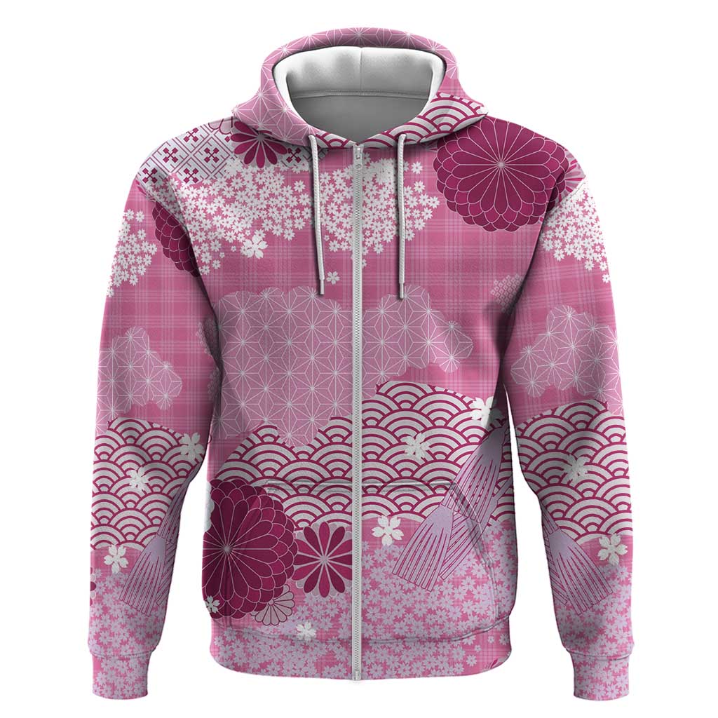 Pink Palaka Japanese Patterns Zip Hoodie Asanoha Seigaiha Sakura Motif - Polynesian Pride