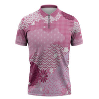 Pink Palaka Japanese Patterns Zipper Polo Shirt Asanoha Seigaiha Sakura Motif LT14 Pink - Polynesian Pride