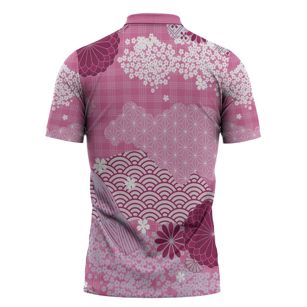 Pink Palaka Japanese Patterns Zipper Polo Shirt Asanoha Seigaiha Sakura Motif LT14 - Polynesian Pride