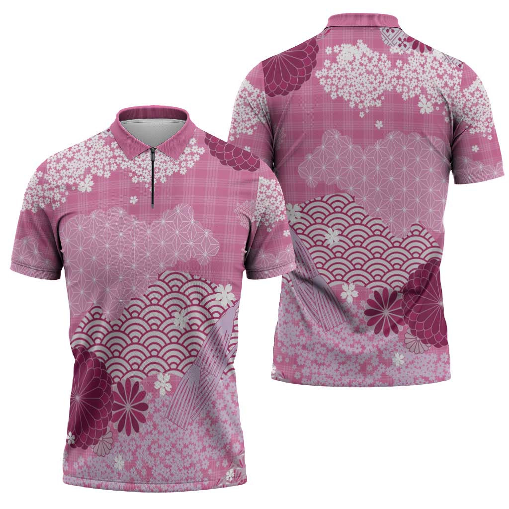 Pink Palaka Japanese Patterns Zipper Polo Shirt Asanoha Seigaiha Sakura Motif LT14 - Polynesian Pride