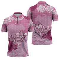 Pink Palaka Japanese Patterns Zipper Polo Shirt Asanoha Seigaiha Sakura Motif LT14 - Polynesian Pride