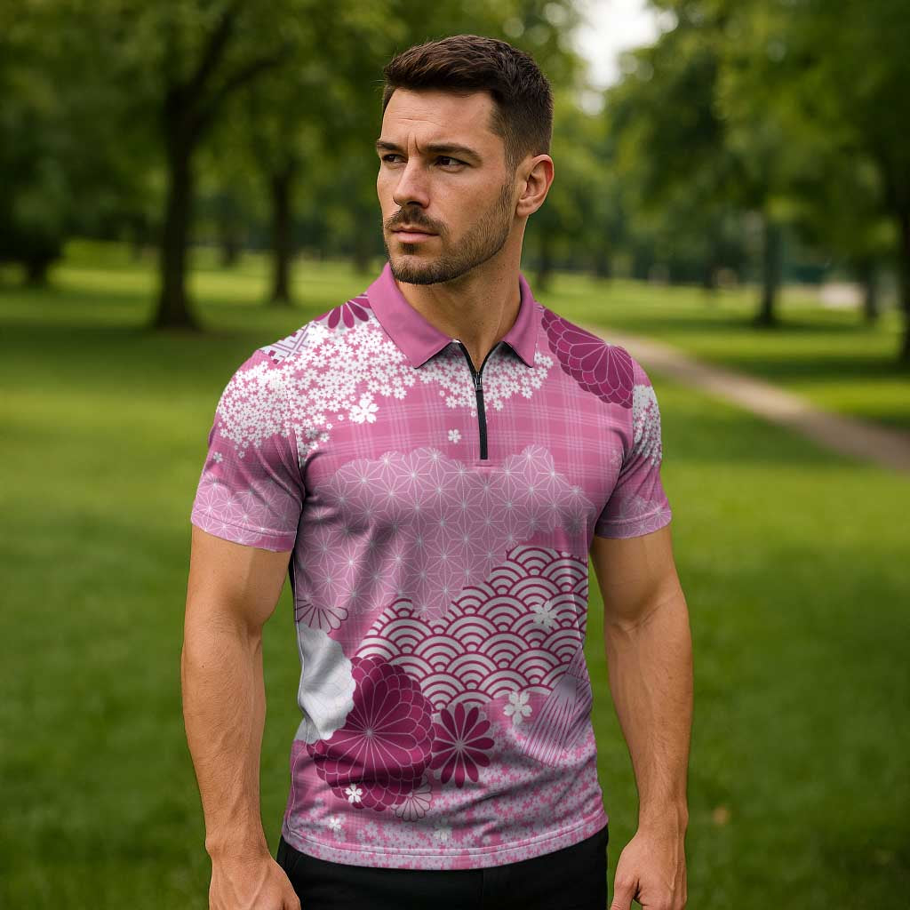 Pink Palaka Japanese Patterns Zipper Polo Shirt Asanoha Seigaiha Sakura Motif LT14 - Polynesian Pride