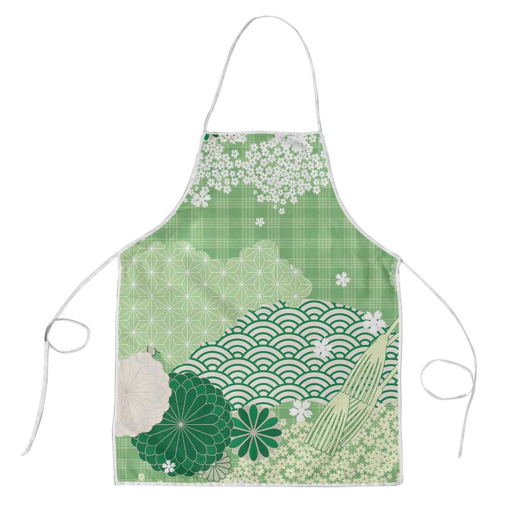 Green Palaka Japanese Patterns Apron Asanoha Seigaiha Sakura Motif LT14 Green - Polynesian Pride