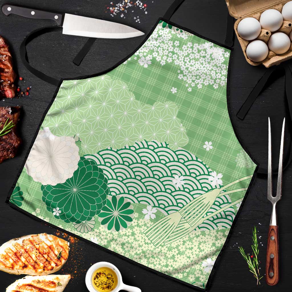 Green Palaka Japanese Patterns Apron Asanoha Seigaiha Sakura Motif LT14 Green - Polynesian Pride