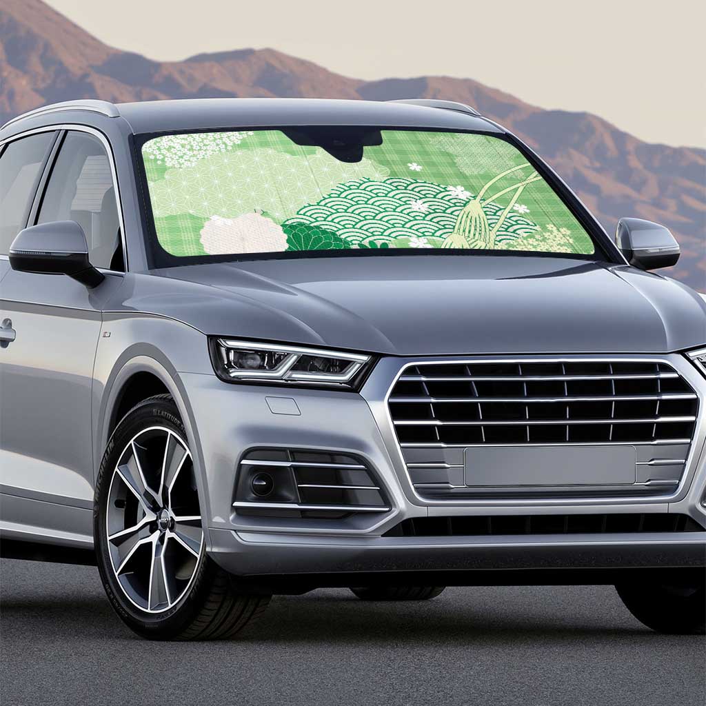 Green Palaka Japanese Patterns Auto Sun Shade Asanoha Seigaiha Sakura Motif - Polynesian Pride