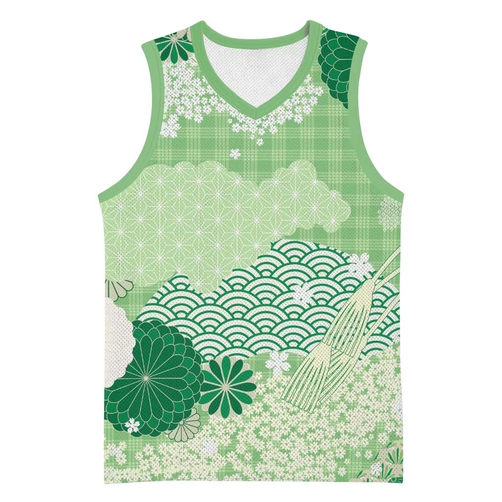 Green Palaka Japanese Patterns Basketball Jersey Asanoha Seigaiha Sakura Motif LT14 Unisex Green - Polynesian Pride