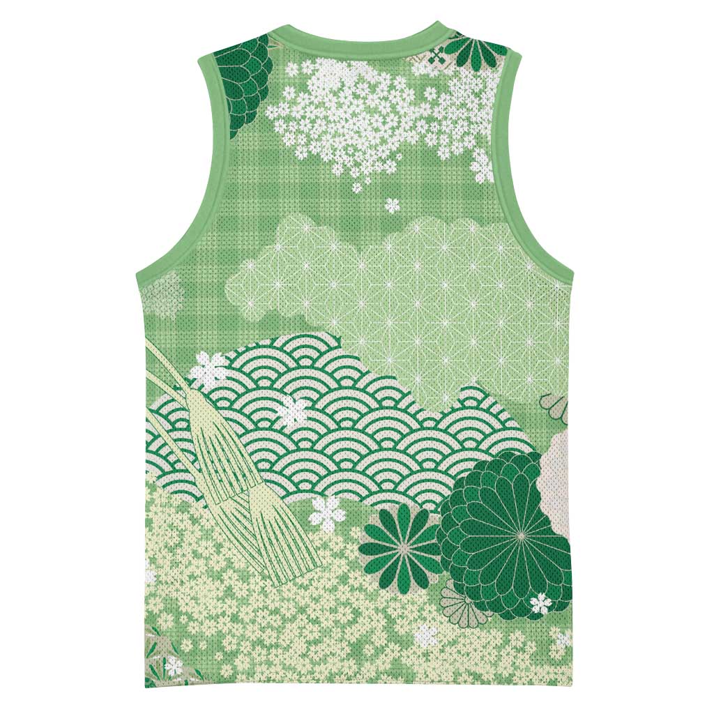 Green Palaka Japanese Patterns Basketball Jersey Asanoha Seigaiha Sakura Motif LT14 - Polynesian Pride