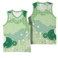 Green Palaka Japanese Patterns Basketball Jersey Asanoha Seigaiha Sakura Motif LT14 - Polynesian Pride