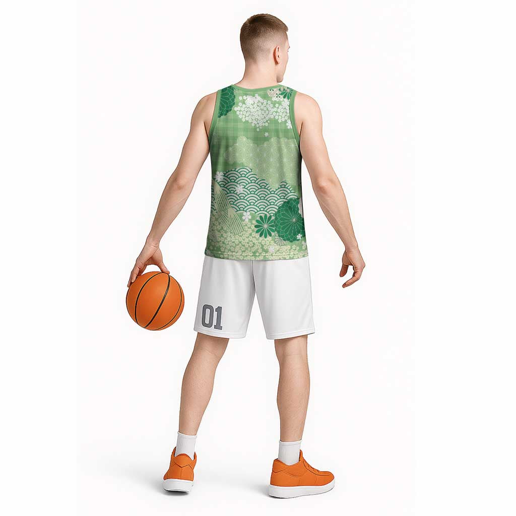 Green Palaka Japanese Patterns Basketball Jersey Asanoha Seigaiha Sakura Motif LT14 - Polynesian Pride