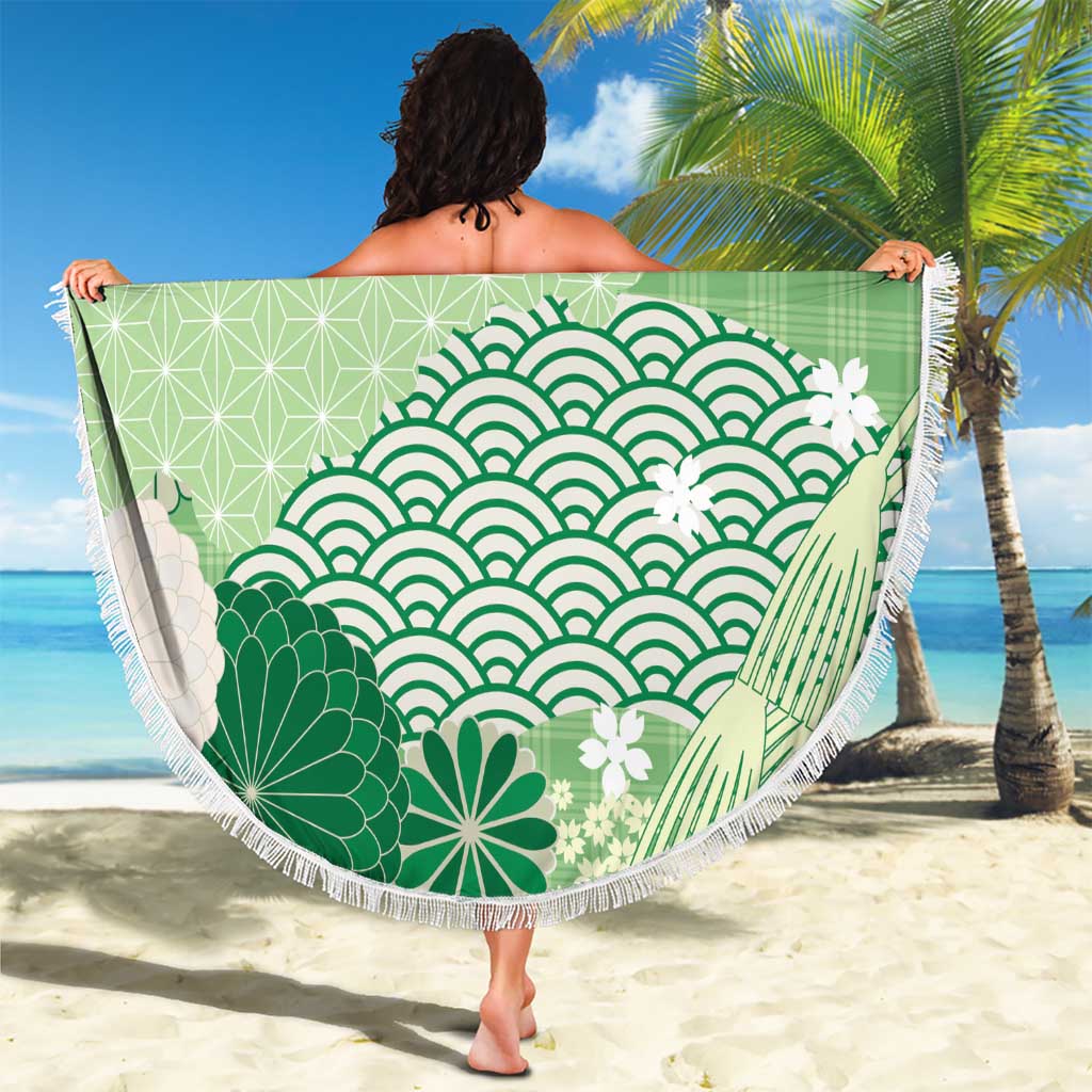 Green Palaka Japanese Patterns Beach Blanket Asanoha Seigaiha Sakura Motif - Polynesian Pride