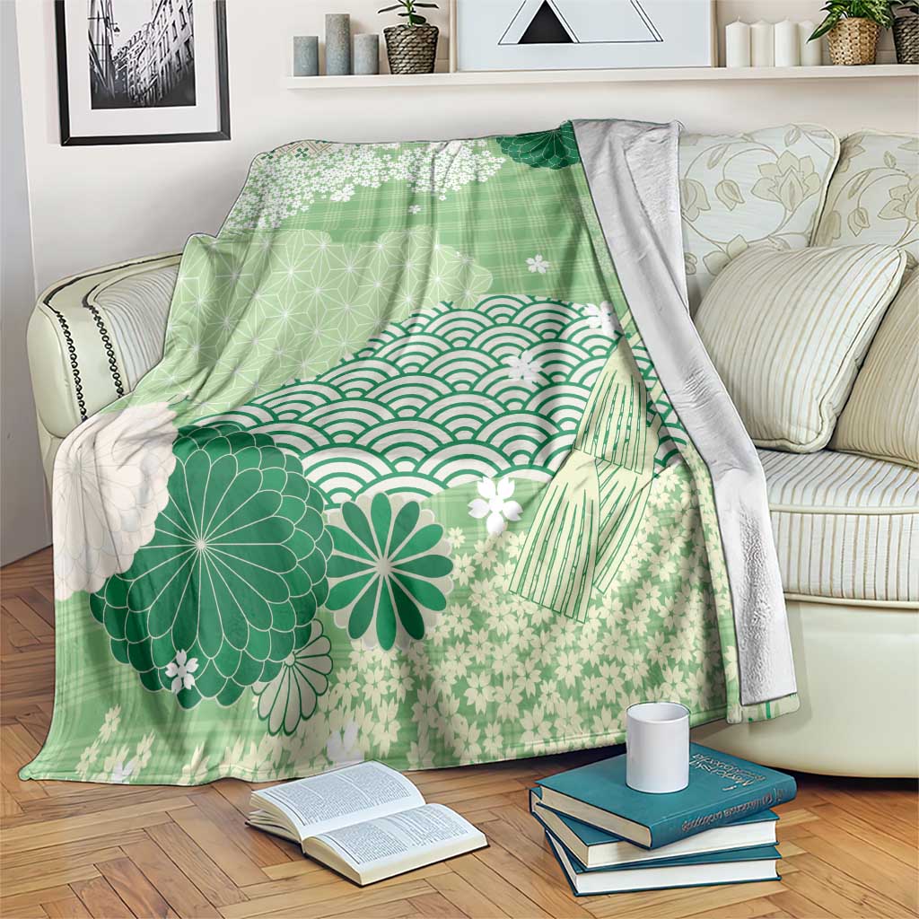 Green Palaka Japanese Patterns Blanket Asanoha Seigaiha Sakura Motif - Polynesian Pride