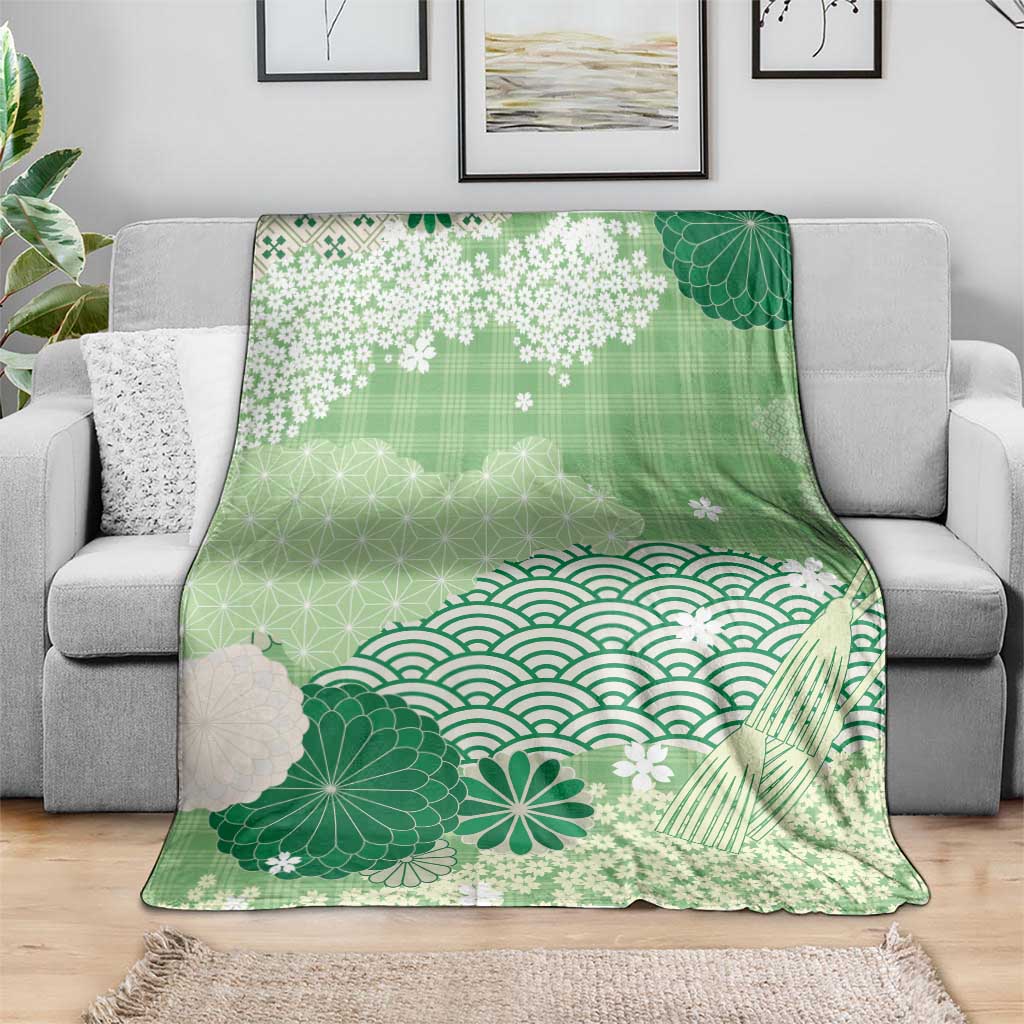 Green Palaka Japanese Patterns Blanket Asanoha Seigaiha Sakura Motif - Polynesian Pride