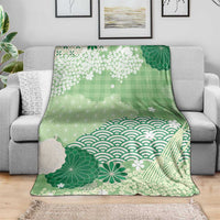 Green Palaka Japanese Patterns Blanket Asanoha Seigaiha Sakura Motif - Polynesian Pride