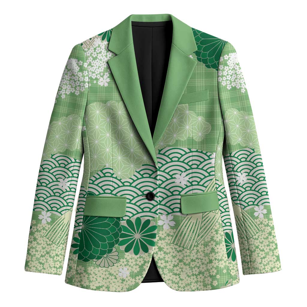 Green Palaka Japanese Patterns Blazer Asanoha Seigaiha Sakura Motif LT14 Unisex Green - Polynesian Pride