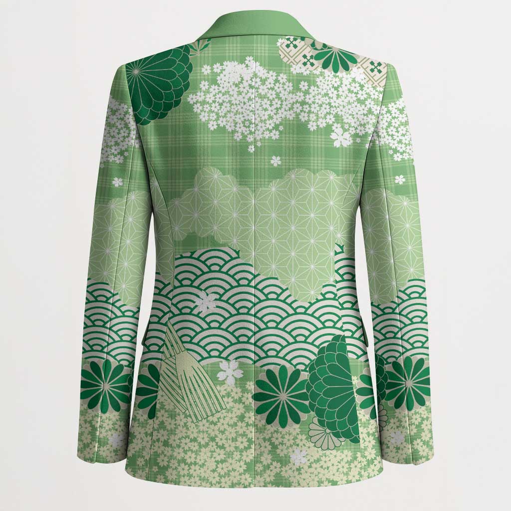 Green Palaka Japanese Patterns Blazer Asanoha Seigaiha Sakura Motif LT14 - Polynesian Pride