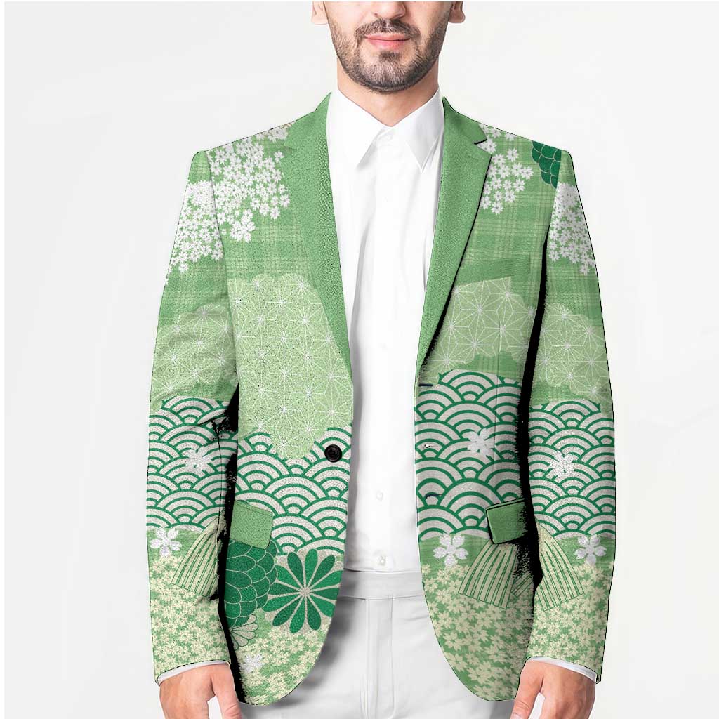 Green Palaka Japanese Patterns Blazer Asanoha Seigaiha Sakura Motif LT14 - Polynesian Pride