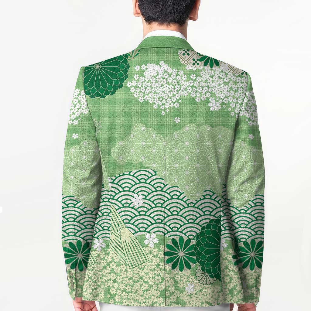Green Palaka Japanese Patterns Blazer Asanoha Seigaiha Sakura Motif LT14 - Polynesian Pride