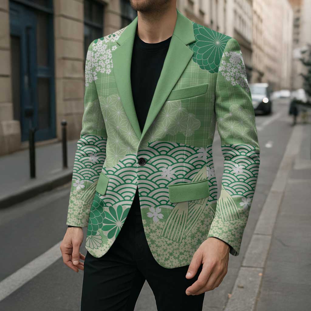 Green Palaka Japanese Patterns Blazer Asanoha Seigaiha Sakura Motif LT14 - Polynesian Pride